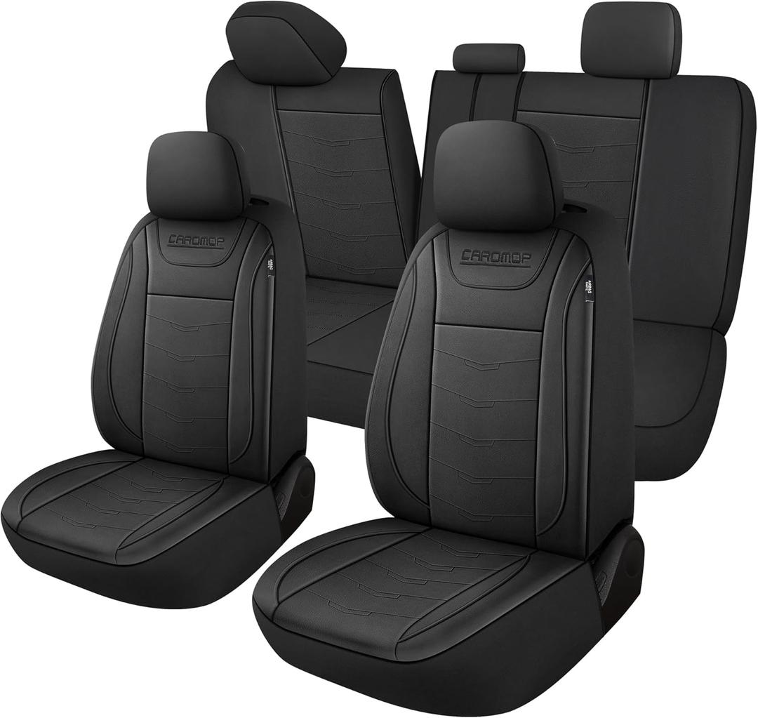 CAROMOP Premium PU Leather Car Seat Covers Full Set,Waterproof Split Bench Covers for Cars, Universal Car Interior Covers Seat Protectors for Sedans SUVs Pick-up Trucks(Black)