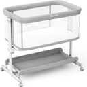 3-in-1 Baby Bassinet Bedside Sleeper with Wheels, 7 Height Settings 7 Height Adjustments, All-Mesh Sides, Mattress & Breathable Sheet, Bedside Crib with Lockable Wheels for Newborns, Gray
