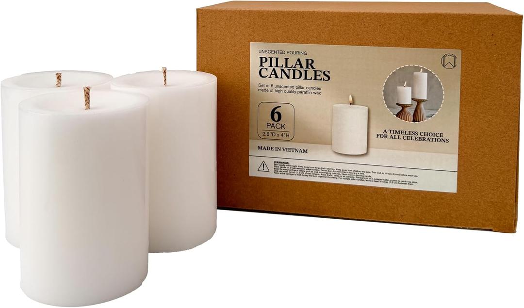 Pillar Candles 2.8x4 Inch 6 Pack White CW Studio Unscented 45-Hour Long Burn, Smokeless Dripless Premium Wax with Cotton Wick for Weddings, Events, Home & Rustic Decor
