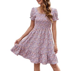 Lyrur Women's Short Sleeve Summer Dresses 2025 Spring Casual Square Neck Easter Dress A-Line Tiered Sundress with Pockets (Medium)