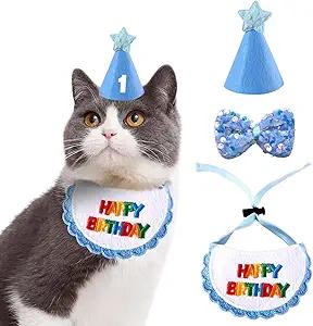 Dog Cat Birthday Party Supplies Outfit Bandana Bib Hat Cute Collar with Bow Tie for Cats Puppy Small Dogs and Rabbits (Royal Blue Ball)