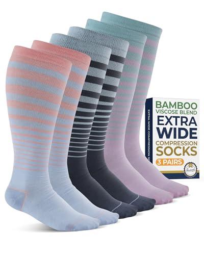 Pembrook 3 Pairs Plus Size Compression Socks Wide Calf - 15-20 mmHg Bamboo Viscose Socks for Women Wide Calf, Compression Plus Size, Pastel Stripes, Size: X-Large