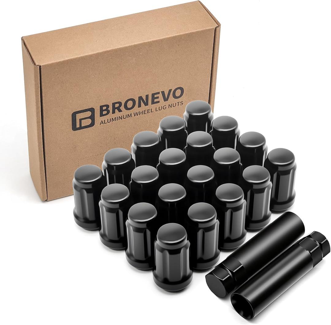 [BRONEVO] 20 Pcs M12x1.5 Lug Nuts, 6 Spline Tuner Wheel Nuts 1.38" (35mm) Length, 60 Degree Conical/Acorn Seat, Closed End Electrophoretic Black Lug Nuts with 2 Socket Keys for Aftermarket Wheels