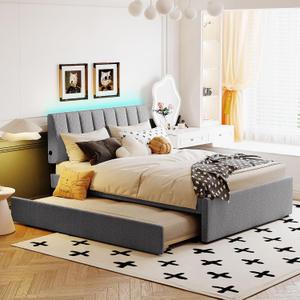 Ball & Cast Full Szie Upholstered Bed Frame with LED Light and Trundle,Teddy Fleece Platform Bed w/Channel Tufted Headboard &Wooden Slats Support,No Box Spring Needed, for Bedroom,Gray