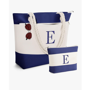 YOOLIFE Personalized Gifts for Women - Beach Bags Waterproof Sandproof, Large Initial Canvas Tote Monogram Swim Bag, Beach Gift for Women Her Mom Birthday Gifts for Teacher Sister Female Friend E, Navy blue