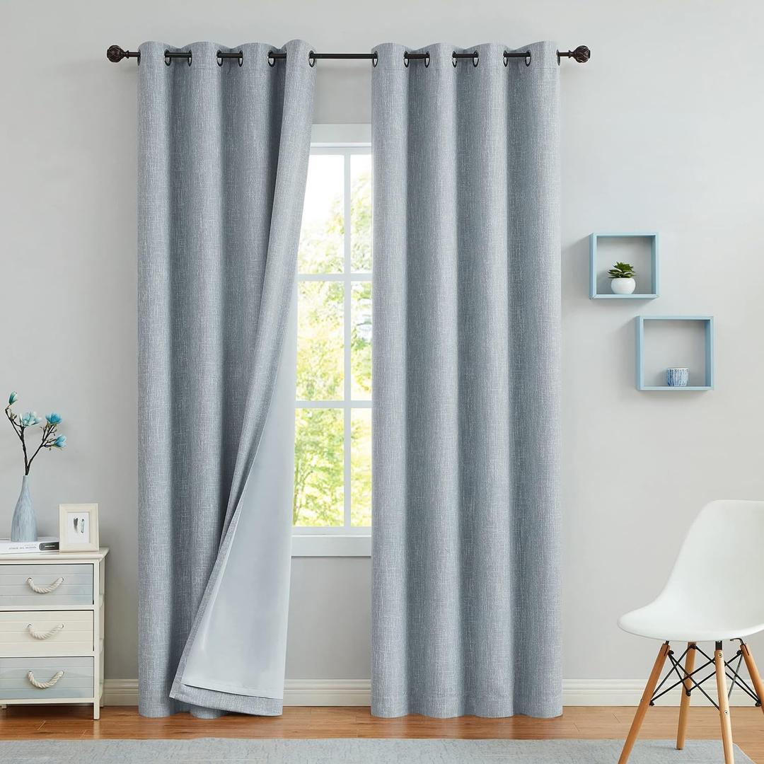 Blue Solid Full Blackout Curtain Heavy Linen Texture Window Treatment for Bedroom Noise Reducing Thermal Insulated Drapes 8 Grommets Top for Living Room with Liner, Chambray Blue, 50" x 84", 2 Panels