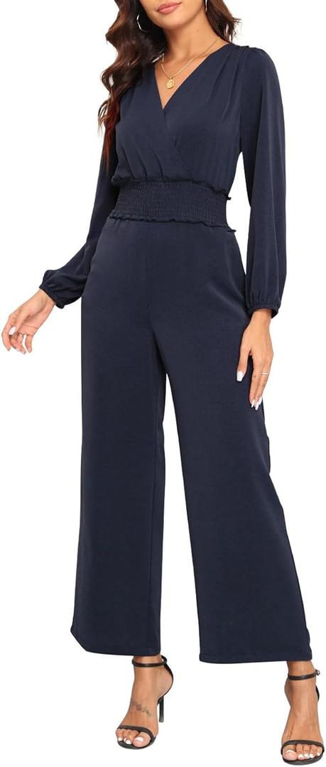 YUNDAI Womens Jumpsuit Fall Long Sleeve V Neck Casual Loose One Piece Outfits Wrap Waist Pants Long Romper with Pockets (Medium)