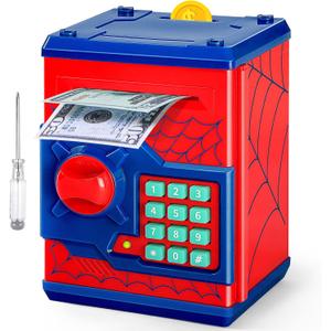 ATM Piggy Bank for Boys Girls, Vcertcpl Mini ATM Coin Bank Money Saving Box with Password, Kids Safe Money Jar for Adults with Auto Grab Bill Slot, Great Gift Toy Bank for Kids S Red, Large