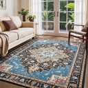 Rugflix 5x7 Area Rug for Living Room, Vintage Washable Area Rug Non Slip Backing Low Pile, Floral Soft Foldable Carpet for Bedroom Dining Room, Blue