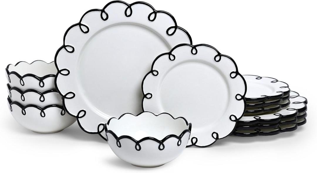 Sango 12-Piece Stoneware Dinnerware Set for 4, Glossy White Plates and Bowls Sets with Black Scalloped Rims, Premium Dish Set, Dishes for Hosting Parties, Birthday & Wedding Gifts, Splash of Cheers