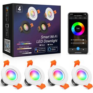 4 Pack 2 Inch Smart Recessed Lighting, 5W WiFi LED Downlight, Dimmable RGB & CCT 2700K-6500K, Compatible with Alexa & Google Home, 120V Recessed Ceiling Light with LED Driver