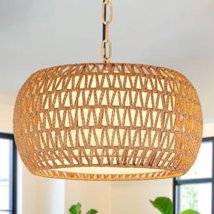 18" Rattan Farmhouse Chandeliers for Dining Room,3-Light Hand-Woven Rattan Chandelier,Fabric Shade Boho Chandelier Pendant Light fixture Drum Chandelier Hanging Lights for Bedroom Kitchen Island