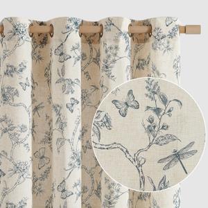 Linen Blue Floral Farmhouse Curtains 96 Inches Long Drapes for Living Room Bedroom Pattern Light Filtering Country Vintage Curtain Grommet Top, 2 Panels, Blue on Beige 50"x96"