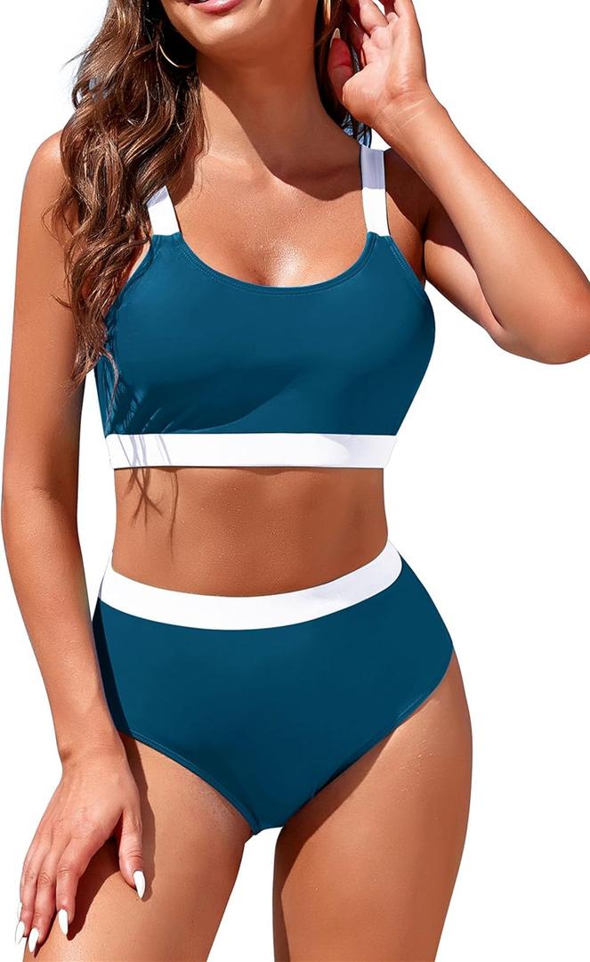 Women's High Waisted Bikini Sets Sporty Crop Top Color Block Swimwear Bandeau Scoop Neck Vintage Two Piece Bathing Suits (Large, Turquoise)