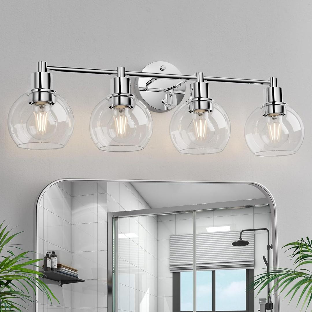 Espird 4 Lights Bathroom Vanity Light Fixtures Chrome, Bathroom Lights Over Mirror, Industrial and Farmhouse 4 Lights Wall Sconce, Polished Chrome Globe Vanity Lighting Fixtures