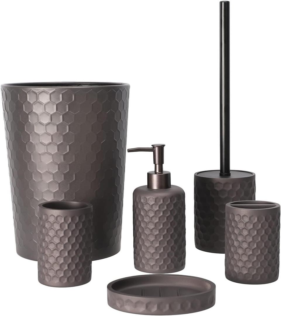 zccz Bathroom Accessory Set - 6 pcs Bronze Bathroom Accessories Set with Trash Can, Toothbrush Holder, Toothbrush Cup, Soap Dispenser, Soap Dish, Toilet Brush with Holder - Accessoire Salle de Bain (Warm Gray)