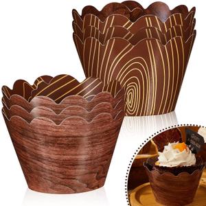 60 Pieces Wood Grain Cupcake Wrappers Woodland Baby Shower Decorations Animal Forest Cup Liners Wood Cupcake Holder for Wedding Cowboy Camping Rustic Birthday Party