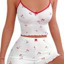 Hilinker Womens Graphic Print Ribbed PJ Set Crop Cami Tops and Shorts Cute Pajamas Set (Small, White Red Cherry B)