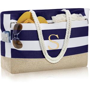 YOOLIFE Large Initial Beach Bag Waterproof Tote Zipper Bag Personalized Gifts for Women Her Birthday Travel Beach Essential