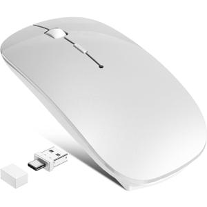 Bluetooth Wireless Laptop Mouse for MacBook Air iPad Mac, 2.4G Rechargeable Computer Mouse with Jiggler Mode, Silent Optical 2 Mode Bluetooth 5.2/3.0 & 2.4G USB-A/Type C Portable Mice, Silver