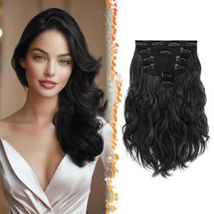 BARSDAR 12 Inch Wavy Black Clip in Hair Extensions - 6PCs Short Wavy Natural Black Clip in Hair Extensions for Women - Full Head Thick Soft Synthetic Hairpieces Daily Party Halloween