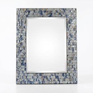 Handmade Blue & Silver Mosaic Wall Mirror, 30 x 24 Inch Rectangular Decorative Metal Framed Vanity Mirror with Embossed Glass Tiles for Bathroom, Bedroom, Living Room & Entryway