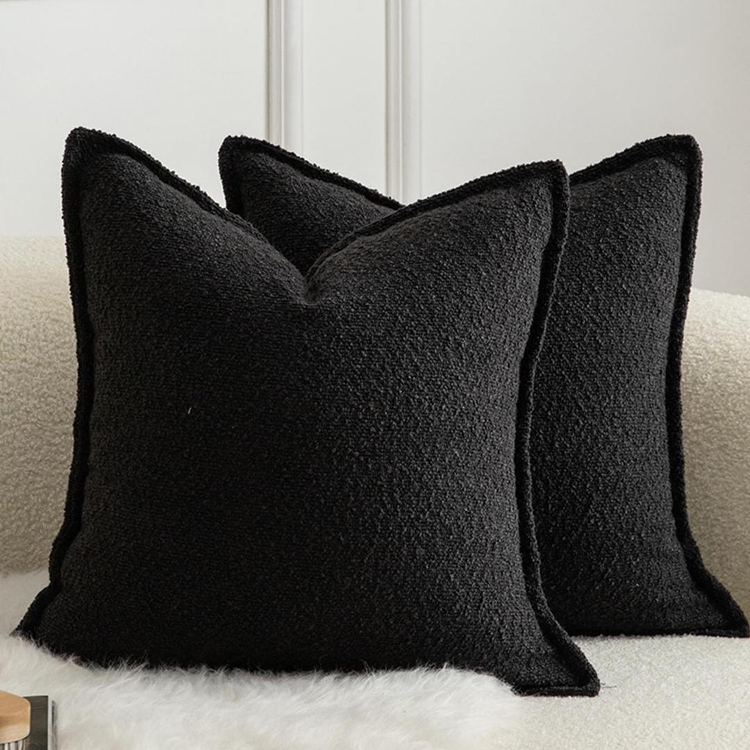 MANDIOO Pack of 2 Decorative Throw Pillow Covers Accent Solid Woven Textured Cushion Covers Pillow Cases Bedroom Living Room Sofa Home 20 x 20 Inch Black