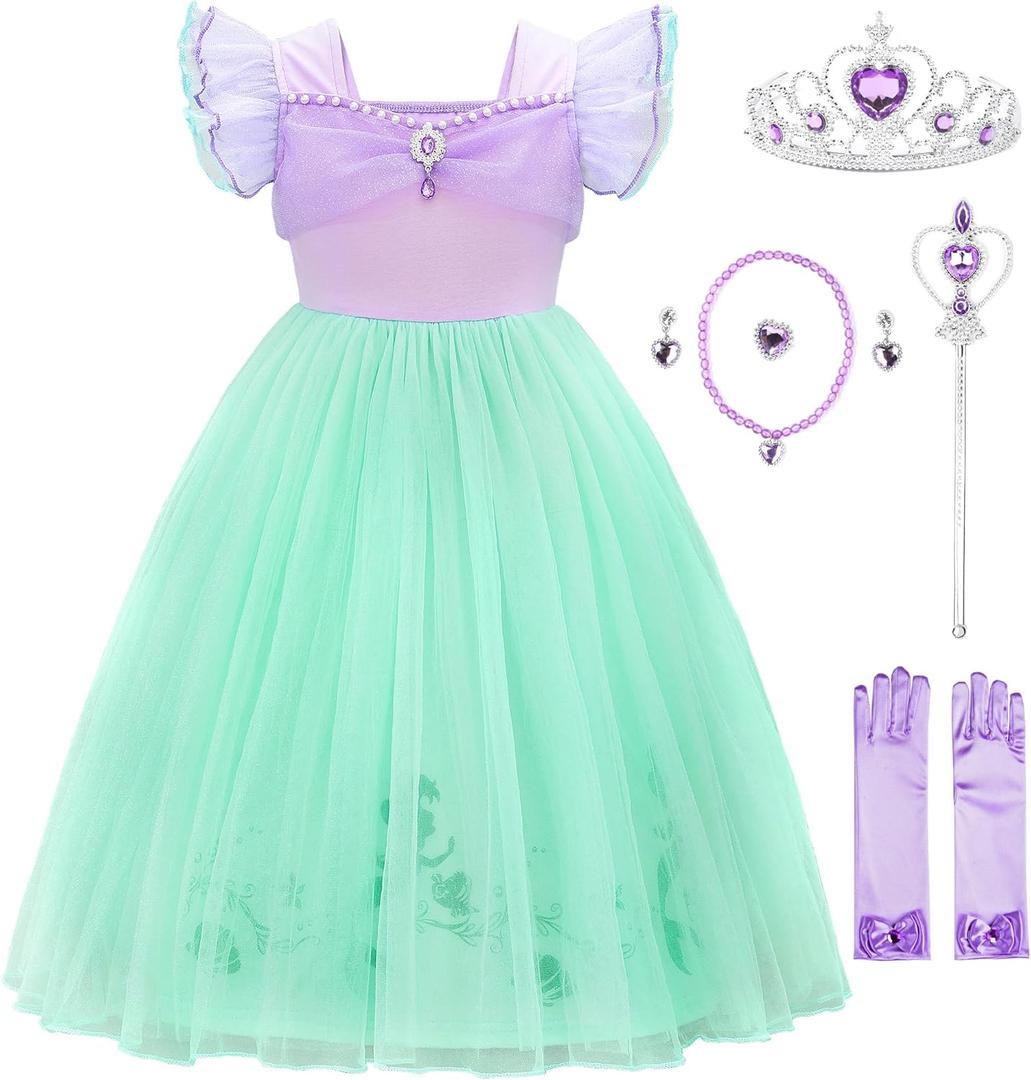 JerrisApparel Little Mermaid Costume For Girls Princess Dress Cosplay Role Play Outfit Accessories (Purple with Accessories, 2-3 Years)