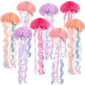 OBBOLO Under The sea Party Decorations, 8 Pcs Pink Jellyfish Honeycomb Decorations, for Mermaid Birthday Decorations, Pink Purple Paper Hanging Jellyfish Decorations for Ocean Themed Birthday Party