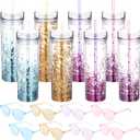 8 Pcs 16 oz Plastic Snow Globe Tumbler and Neon Sunglasses Set Double Wall Skinny Tumblers with Lid and Straw Glitter Snow Globe Cup for Summer Travel Home Drink Birthday Party Gifts