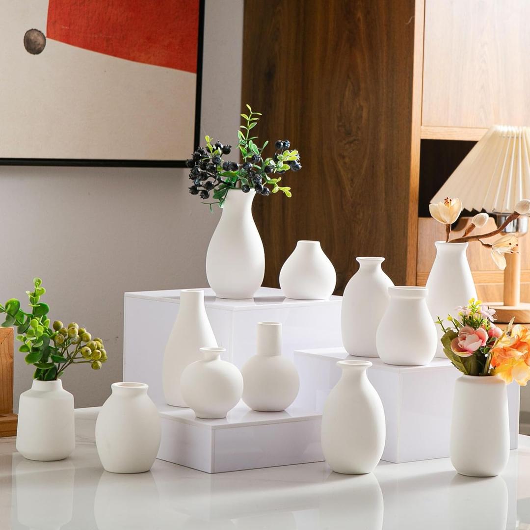 White Bud Vases, Ceramic Small Vase Set of 12, Mini Vases for Fresh and Dried Flowers, Modern Home Decor, Pottery Table Centerpiece