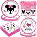 168pcs Pink Mouse Birthday Party Supplies Girls Cartoon Plates Napkins Disposable Paper Tableware Set for Girls 1st 2nd 3rd Birthday Party Decorations 24 Guests