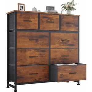OLIXIS Dresser for Bedroom, 9 Storage Drawers, Wide Fabric Closet Chests Organizer Tower Furniture, TV Stand with Wooden Top Metal Frame for Clothes, Living Room, Hallway, Entryway, Rustic Brown, 39.4"D x 11.8"W x 39.9"H