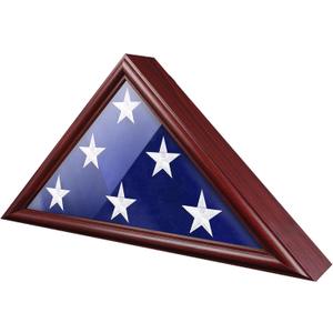 Flag Display Case - 5' x 9.5' Funeral & Military Flag Shadow Box with HD Tempered Glass and Wall Mount, Folded Triangle Flag Holder Frame for Veterans, Red