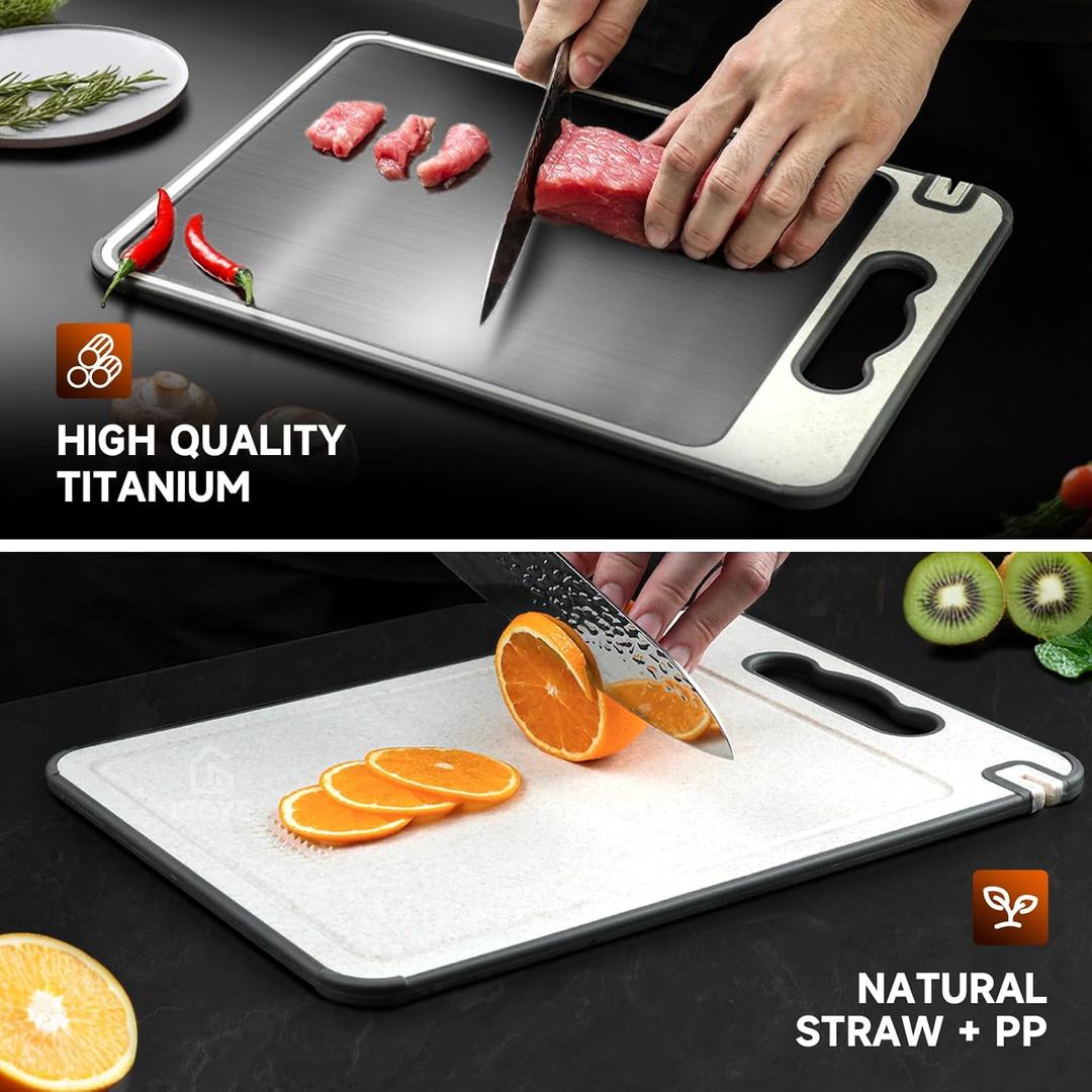 Titanium Cutting Board, Double Sided Chopping Board for Kitchen, Non Toxic Non Slip Cutting Board, Juice Groove, Food-Grade, Titanium and Wheat Straw PP, Dishwasher Safe, Easy to Clean