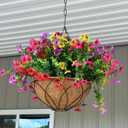 Artificial Faux Hanging Plants Flowers Basket for Summer Autumn, Colorful Daisy Flowers Eucalyptus UV Resistant Look Real for Outdoor Outside Porch Decoration