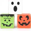 Halloween Square Wood Block Decorations - Fall Pumpkin Ghost Decorations,Spooky Tiered Tray Decorations,Halloween Party Photo Props,Pumpkin Ghosts Square Wooden Blocks Home Decorations