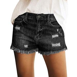 luvamia Women's Casual Mid Rise Denim Shorts Stretchy Ripped Frayed Raw Hem Hot Jean Shorts Black Size Large US (12-14) Large