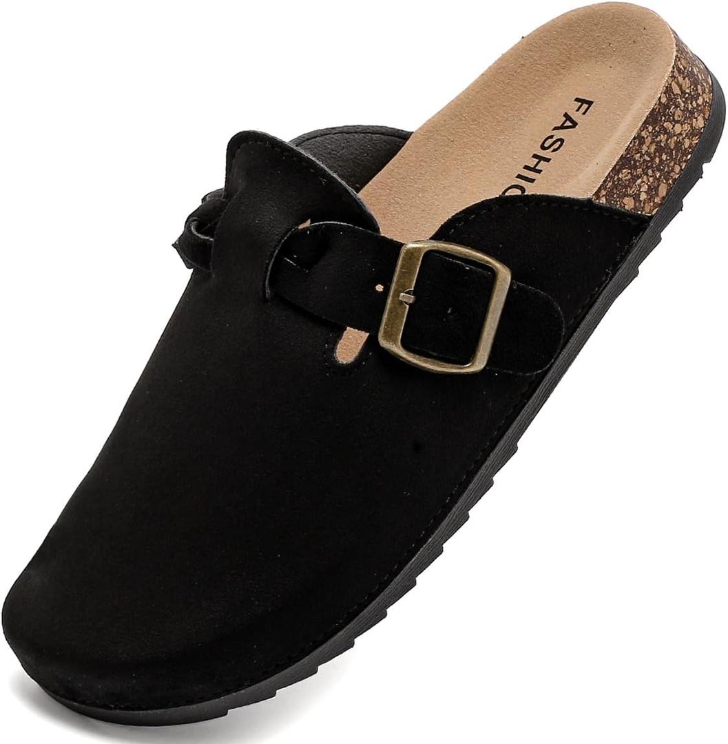 Women's Suede Clogs Mens Leather Mules Comfort Cork Footbed Sandals with Arch Support and Adjustable Buckle (Black)