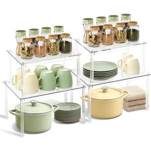 BOMOKS Clear Kitchen Cabinet Organizer, Set of 4 Stackable Spice Rack, Acrylic Shelves for Pantry Organizers and Storage, Tiered Spice Organization for Cabinet, Shelf Organizer for Desk Countertop