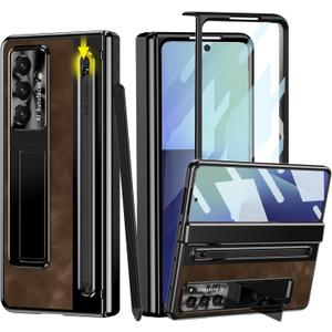 for Samsung Galaxy Z Fold 7 Case with S Pen Holder & Stylus Pen, Full Coverage Retro Leather Phone Case with Kickstand HD Screen Protector Anti-Scratch Protective Cover for Z Fold 7 Coffee