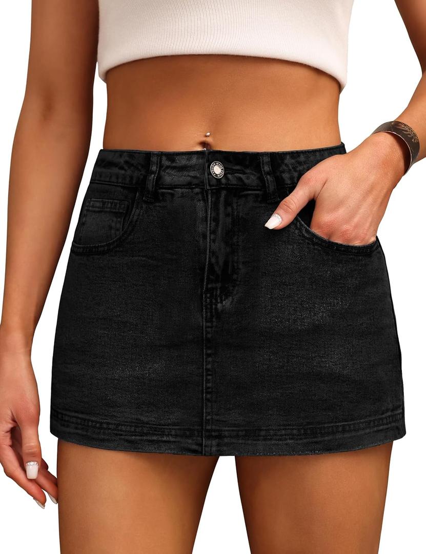 BISUAL Denim Skort for Women High Waist Mini Denim Skirt Casual Stretch Jean Skirts for Women Denim with Pockets (Black, XL)