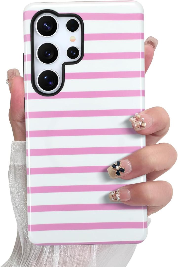 SOKAD Magnetic Horizontal Stripes Phone Case for Samsung Galaxy S25 Ultra | Cute Pink Striped Pattern, Compatible with Magsafe, Screen Protector, Glossy Shockproof Protective Case Cover for Girls Women