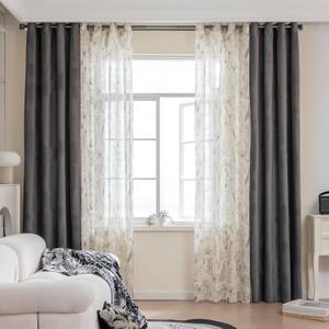 Mix Curtains - 2 Pieces Floral Print Sheer Curtains and 2 Pieces Velvet Blackout Curtains for Bedroom Living Room Grommet Window Drapes, 52x102 Inch, Grey,Set of 4 Panels