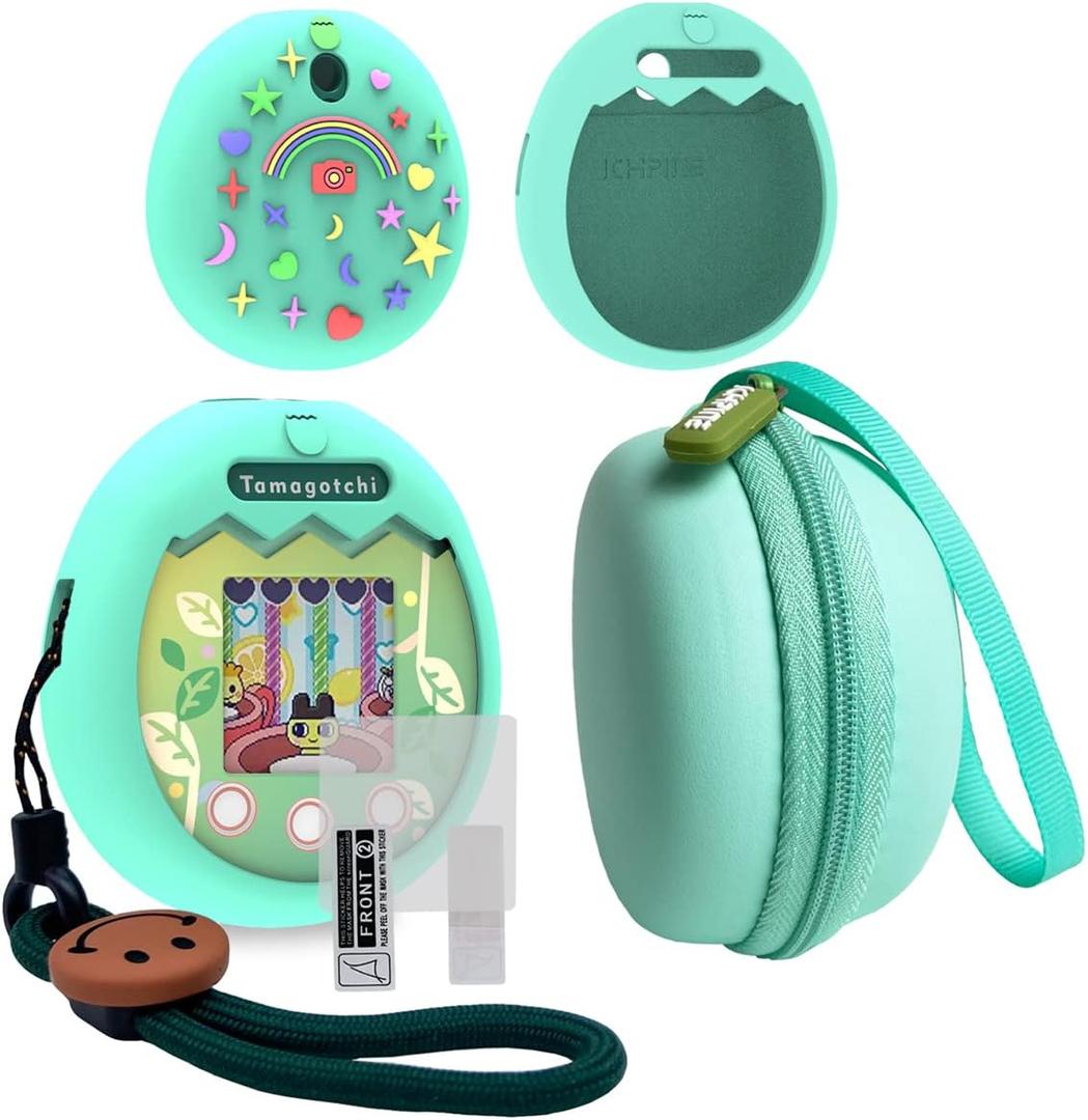 JCHPINE Hard Carrying Case and Silicone Cover Compatible with Tamagotchi Pix Interactive Virtual Pet Game Machine, Screen Film Protector for Tamagotchi Pix Accessories (Green)