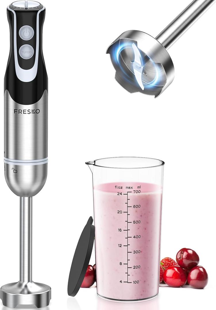 FRESKO Immersion Handheld Blender 500W with 700ml Beaker, 12-Speed & Turbo Mode Hand Blender Stick, 304 Stainless Steel Blades for Soup, Smoothie, Puree, Baby Food (Blender+Measuring Cup)