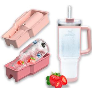 Ice Cube Tray for 40 oz Tumbler Cup, 1Pcs Stanley Ice Mold Silicone Hollow Cylinder Ice Mold with Lid and Bin for Freezer Ice Drink Juice Whiskey Cocktail (Pink)