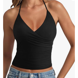 REORIA Women's Basic Cross Wrap V Neck Backless Double Lined Halter Tank Tops Cute Summer Trendy Sleeveless Shirts, Small