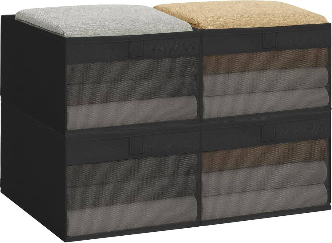 2 x STORAGE MANIAC 4 Pack Storage Bins with Clear Window, Storage Boxes for Shelves, Sturdy Foldable Closet Organization Fabric Shelf Basket for Toy, Towel, Book, Jeans, Offices, Dorm, Wardrobe, Black
