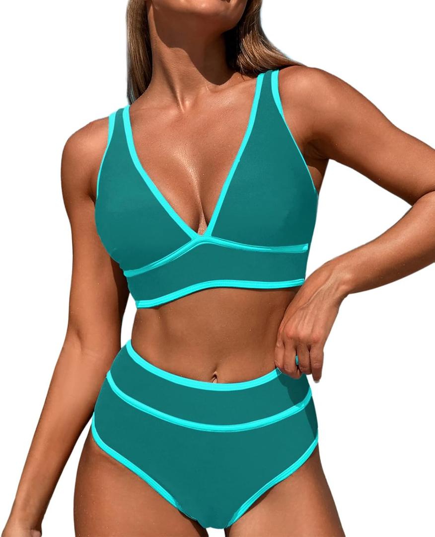 High Waisted Bikini Sets Womens Cheeky Two Piece Swimsuit V Neck Color Block Bathing Suit (X-Large, Green)